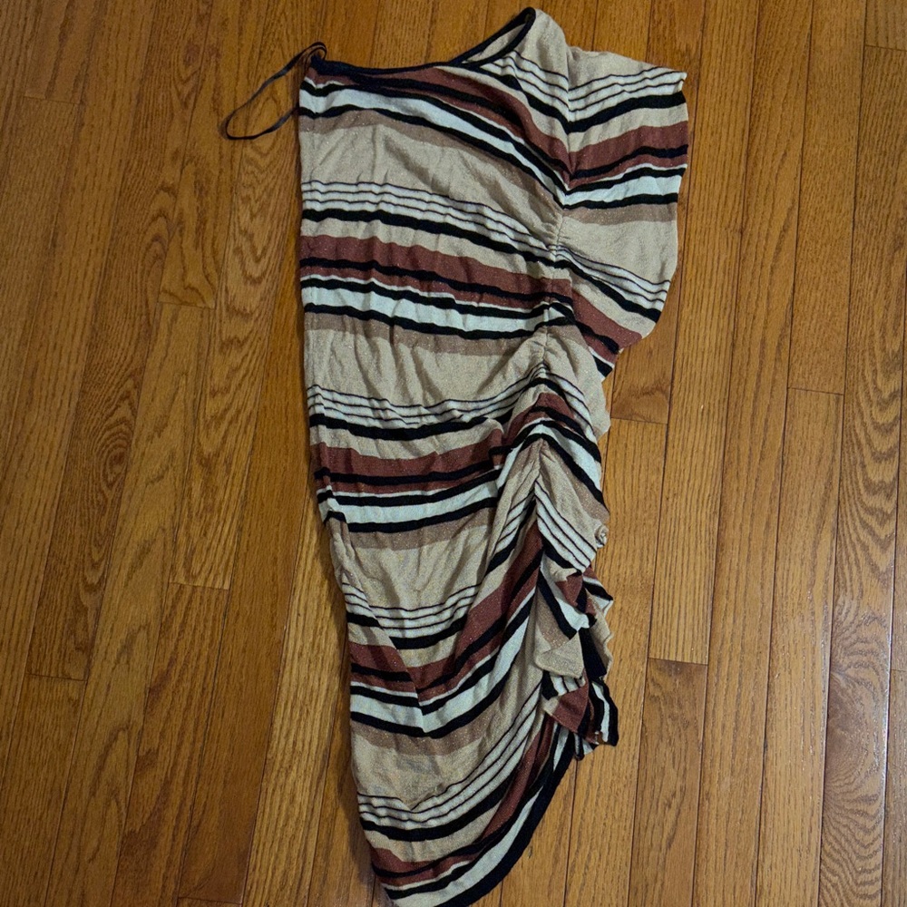 Arden B Asymmetrical Dress in Beige and Brown Stripes